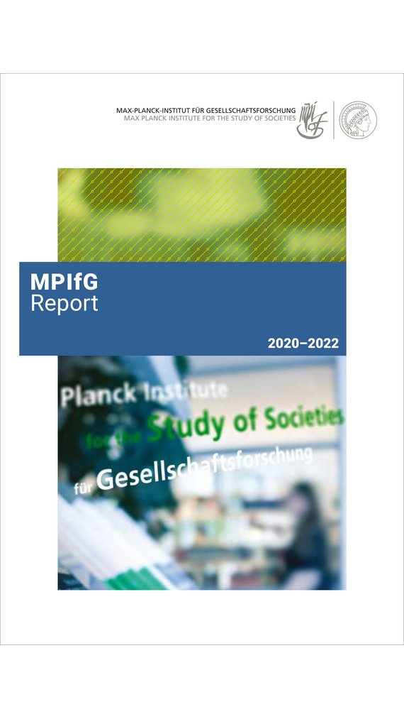 Cover des "MPIfG Report" der Jahre 2020-2022 in verschiedenen Grün-Tönen, Schriftzüge mit "Study of Societies" und "Gesellschaftsforschung" sind schemenhaft erkennbar.