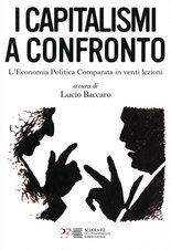 Buchcover des Werkes "I Capitalismi a Confronto" von Lucio Baccaro mit Silhouetten, die zwei Personen in einer Diskussion darstellen.