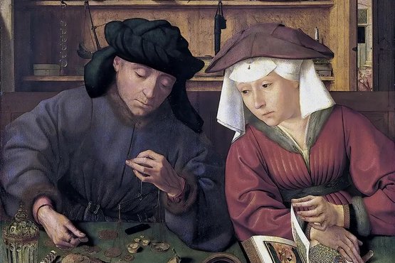 Das Bild "The money changer and his wife" vom Maler Massys zeigt einen Mann, der Münzen zählt und seine Frau die daneben sitz und ein Buch liest.