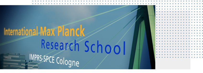 Doktorandenprogramm Lettering of the International Max Planck Research School, IMPRS-SPCE Cologne, in front of a stylized image of the rope bridge and a building.