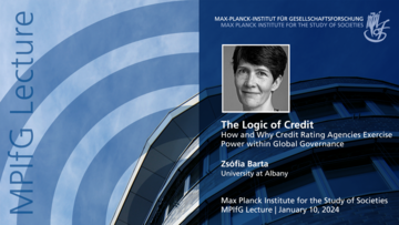 The image is a promotional graphic for an MPIfG lecture titled "The Logic of Credit" by Zsófia Barta from the University at Albany, scheduled for January 10, 2024. It features the logo of the Max Planck Institute for the Study of Societies.
