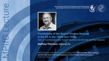 A promotional graphic for a lecture titled "Foundations of the Rise of Shadow Banking in the US in the 1980s and 1960s" by Matthias Thiemann from Sciences Po, part of the Max Planck Institute for the Study of Societies lecture series.