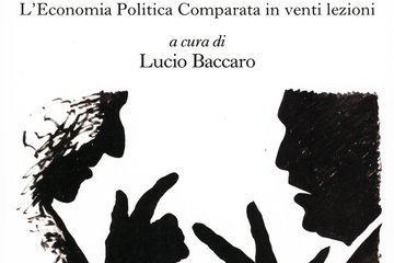 Buchcover des Werkes "I Capitalismi a Confronto" von Lucio Baccaro mit Silhouetten, die zwei Personen in einer Diskussion darstellen.