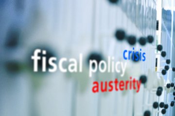 Blurred image with the words "fiscal policy," "crisis," and "austerity" in focus. The words suggest themes of economic stress.