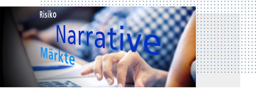 Wirtschaftssoziologie Fokussiertes Bild einer Hand auf einer Laptop-Tastatur, mit überlagertem Text, der die Konzepte Risiko, Narrative und Märkte in fettgedruckten blauen Buchstaben hervorhebt.