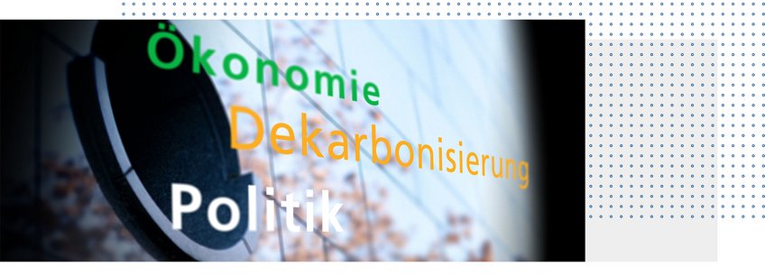 Umstrittene Ökologien Illustratives Bild mit Schriftzug "Ökonomie/Dekarbonisierung/Politik" vor unscharfem Ausschnitt Gebäudefassade mit Bullaugenfenster