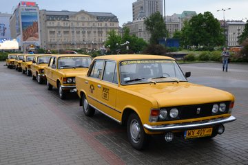 A line of yellow vintage taxis, each marked with "WPT 1313," parked on a paved city street, with historic architecture and green foliage visible in the background.