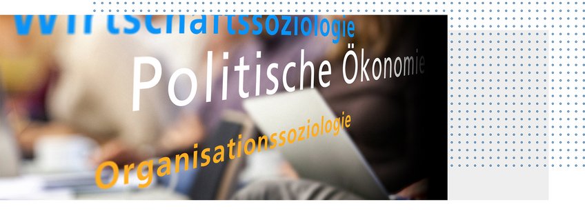 Forschen am MPIfG Verschiedene wissenschaftliche Begriffe wie Wirtschaftssoziologie und Politische Ökonomie schweben über einem unscharfen Bild von Menschen in einem Seminarraum.